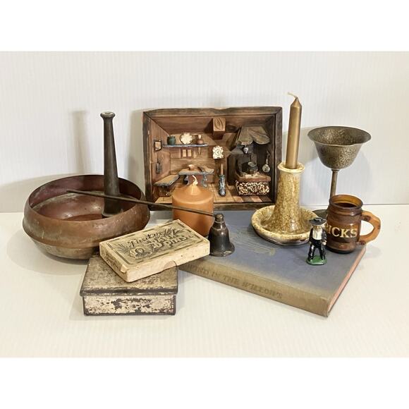 Antique Cottage Trinket Decor Lot: Copper Metal Candles Diorama Nozzle Box Pins - Picture 1 of 11